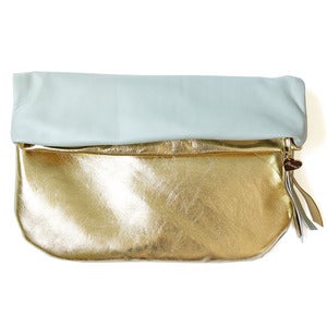 Image of Leather Clutch, gold/minty blue