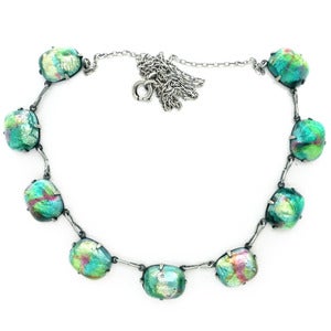 Image of Vintage Art Deco Mottled Green Red Foil Glass Cabochon Bead Chain Necklace
