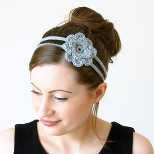Image of Crochet flower tie headband in light grey