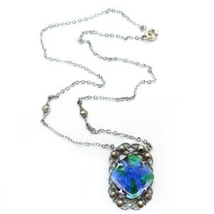 Image of Vintage Art Deco Peacock Foil Glass Silver Metal Pendant Necklace