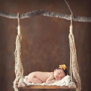 Image of Barn Board Newborn Prop Swing accented with jute