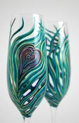 Image of Heart Peacock Feather Champagne Flutes - Set of 2 Personalized Wedding Toasting Flutes