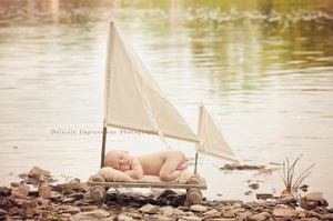 Image of NEWBORN Woodsy Wonders "ORIGINAL" Huck Finn / Tom Sawyer Raft with Muslin Sails Photo Prop