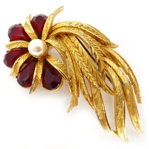 Image of Vintage Large Red Floral Gold Tone Rhinestone Paste Faux Pearl Flower Pin Brooch