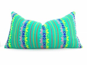 Image of Tribal Pillows. Aztec. Bright Green Decorative Pillow, Purple, Orange Bohemian Cushions