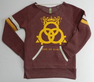 Image of Ladies' Off The Shoulder Sport Sweatshirt True Burgundy/ Ivory/ True Gold