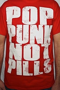 Image of "POP PUNK NOT PILLS" T-shirt (White on Red)