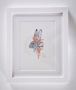 Image of FRAMED RABBIT WITH FEATHERS NO.1 A5 PRINT.