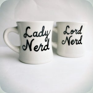 Image of Nerd Coffee Mug Tea Cup Diner Set Lord Lady His Hers black white hand painted