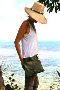 Image of vintage french linen canvas small cross shoulder bag purse - sea faring sling "school of fish"