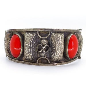 Image of Vintage Art Deco Czech Red Lucite Ornate Silver Metal Bracelet