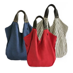 Image of HAVA Bag in Plain or Striped Cotton with Leather Handles