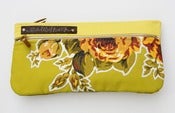 Image of double zip clutch in chartreuse with vintage floral appliques (b)