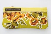 Image of double zip clutch in chartreuse with vintage floral appliques (c)