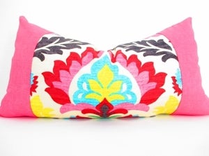 Image of Bohemian Chic Decorative Designer Pillow, Orange, Red, Olive Green, Yellow, Hot Pink Pillow Cushion