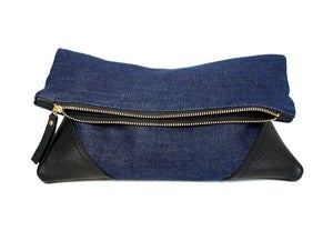 Image of Leather and denim fold clutch