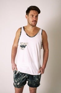 Image of White Jersey Vest with Marble Dye Trim and Pocket