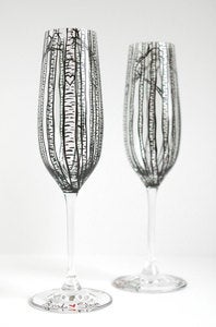 Image of Personalized Birch Tree Toasting Flutes - Set of 2 Hand Painted Wedding Champagne Flutes