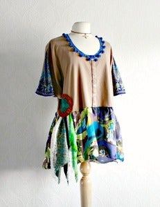 Image of Plus Size Clothing Brown Blue Tunic 2X 3X Bohemian Clothes Women's Blue Gypsy Top Wearable Art
