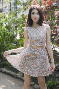 Image of Leaf Print Fit & Flare Dress with Midriff Cutout - Collaboration with Oslo and Alfred