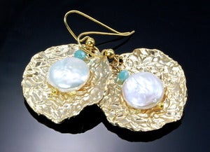 Image of Cultured Pearl, Blue Chalcedony and 14K Gold-Plated Brass Earrings