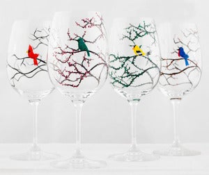 Image of Seasonal Birds Wine Glasses - Cardinal, Bluebird, Yellow Finch and Hummingbird