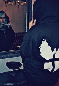 Image of Dove Print Faux Leather Cross Hoody Hooded ZipUp Hoodie