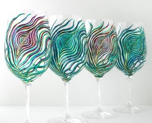 Image of Regal Peacock Feather Wine Glasses - 4 Piece Hand Painted Wine Glass Collection