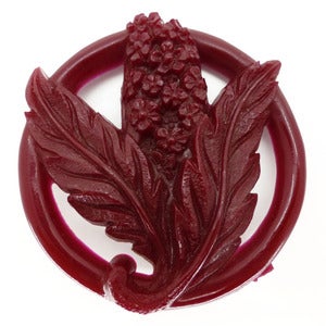 Image of Vintage Art Deco Early Lucite Carved Figural Burgundy Floral Bouquet Plastic Brooch