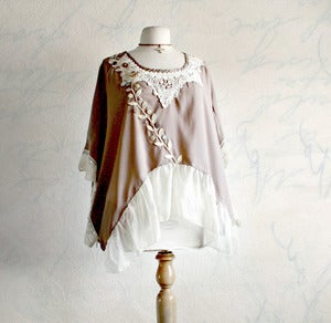 Image of Shabby Chic Brown Blouse Cream Lace Eco Clothing Women's Poncho Top Bohemian Ladies Shirt XL 1X 