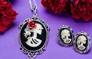Image of Skeleton Cameo Necklace Ivory Black Earrings Set 