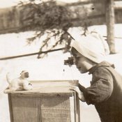 Image of BOY & TOY CAMERA TAKES PHOTO OF TOY DOG REAL PHOTO POSTCARD RPPC 
