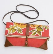 Image of S O L D - foldover bag in tomato red with vintage floral appliques (a)