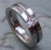 Image of Titanium Striped Tension Set Band - Appraised 1/5 Carat Princess Cut Near Colorless Diamond Ring