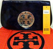 Image of Tory Burch Navy Crackled Leather Logo Metallic Clutch