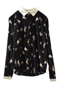 Image of Black Illustrated Bunny Rabbit Printed Blouse