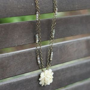 Image of NEW Ivory Ruffled Rose with Creamy Golden Beads, Vintage-style Flower Necklace