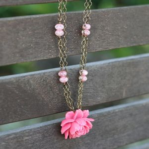 Image of NEW Pink Ruffled Rose & Milky Pink Beads, Vintage-style Antique Flower Necklace