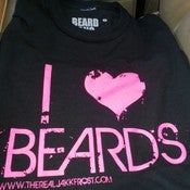 Image of I LOVE BEARDS T SHIRT BLACK T-SHIRT PINK PRINT WITH PINK HEART