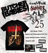 Image of "Evil Hands SALE PACKAGE" T-Shirt, Signed 5x7, Stickers and Gift