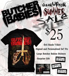 Image of "Evil Hands SALE PACKAGE" T-Shirt, Signed 5x7, Stickers and Gift