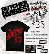 Image of "Jersey SALE PACKAGE" T-Shirt, Signed 5x7, Stickers and Gift
