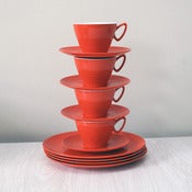 View set of orange Gaydon Melmex orange cups saucers and plates