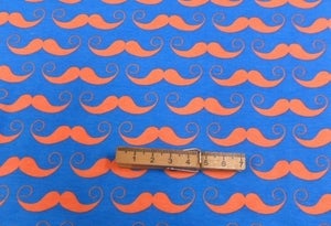 Image of Master Stache - Orange on Royal Blue - Cotton Lycra (Per 2 Yards, Shipped)