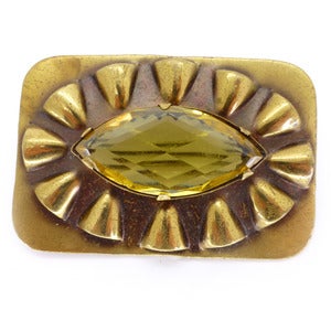 Image of Vintage Art Deco Metal Rectangle Yellow Citrine Glass Star Burst Pin Brooch