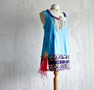Image of Blue Plus Size Top 1X Aztec Fringed Shirt Upcycled Tank Women's Clothing Boho Tunic XL
