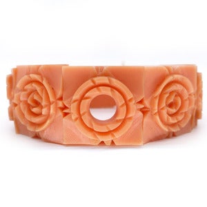 Image of Vintage Art Deco Celluloid Coral Lucite Panel Carved Square Floral Bracelet