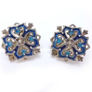 Image of Vintage Silver Floral Blue Enamel Danish Clip On Earrings