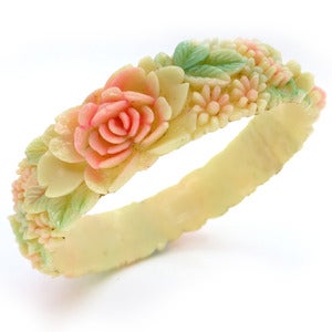 Image of Vintage Art Deco Celluloid Floral Carved Early Plastic Pink & Cream Bracelet Bangle