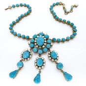 Vintage Ornate Gold Tone Turquoise Cabochon Faux Pearl Ornate Drop Necklace
